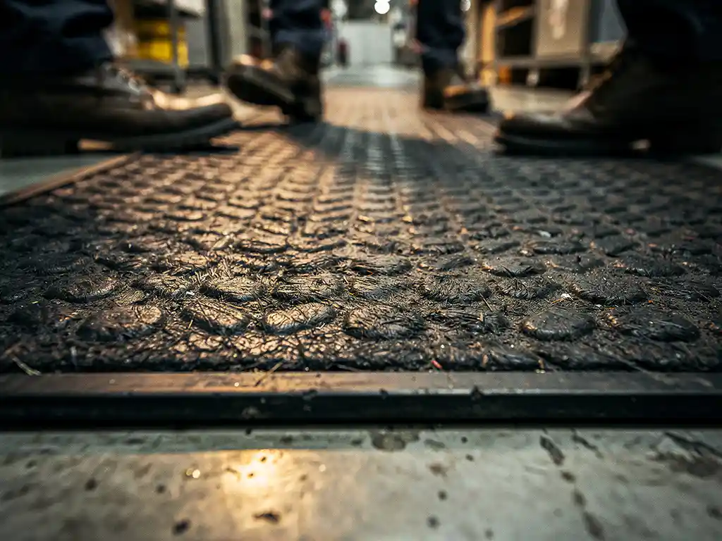 Worn industrial rubber mat with boot scuff marks and compression patterns, workers' boots mid-stride on surrounding concrete floor.