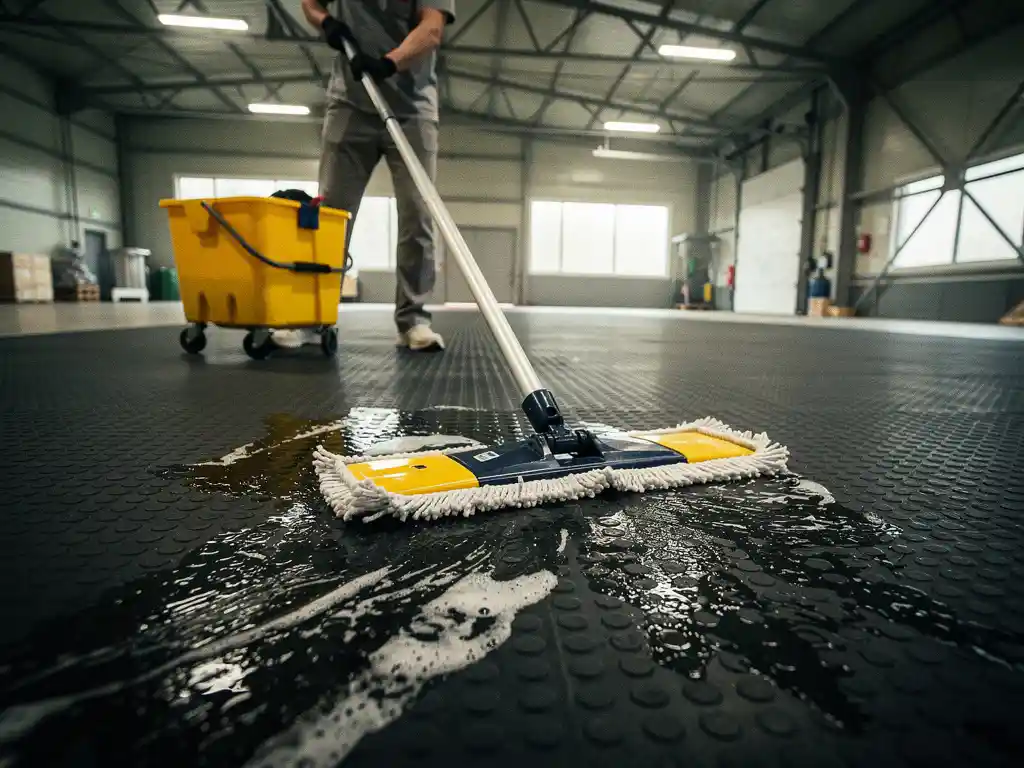 Janitor mopping dark commercial rubber matting with a yellow mop bucket in a bright industrial facility.