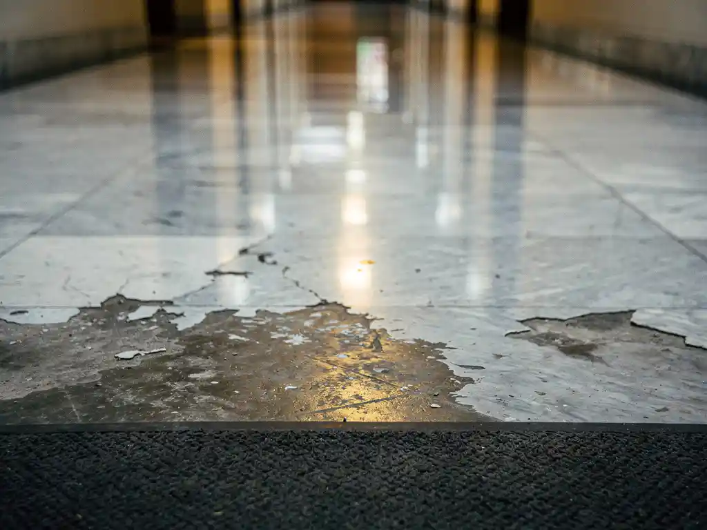 Worn marble corridor floor transitioning from scuffed stone to a mirror-like polished surface, with a rubber mat at the near edge and soft overhead reflections.