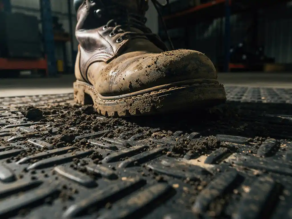 Muddy work boot pressing onto a textured industrial rubber mat with dark soil and grit scattered across raised grooves in a dim warehouse.