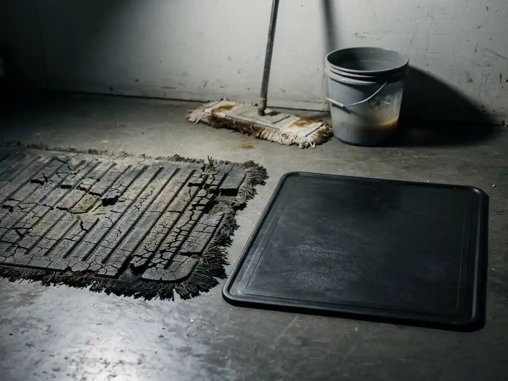 Worn, grime-covered rubber mat with cracked edges beside a clean, well-maintained dark mat on an industrial concrete floor.
