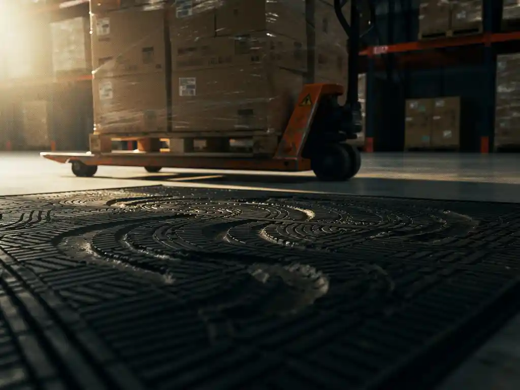 Loaded pallet jack rolling over heavy-duty industrial rubber mat in warehouse, deep tire compression marks visible on charcoal textured surface.