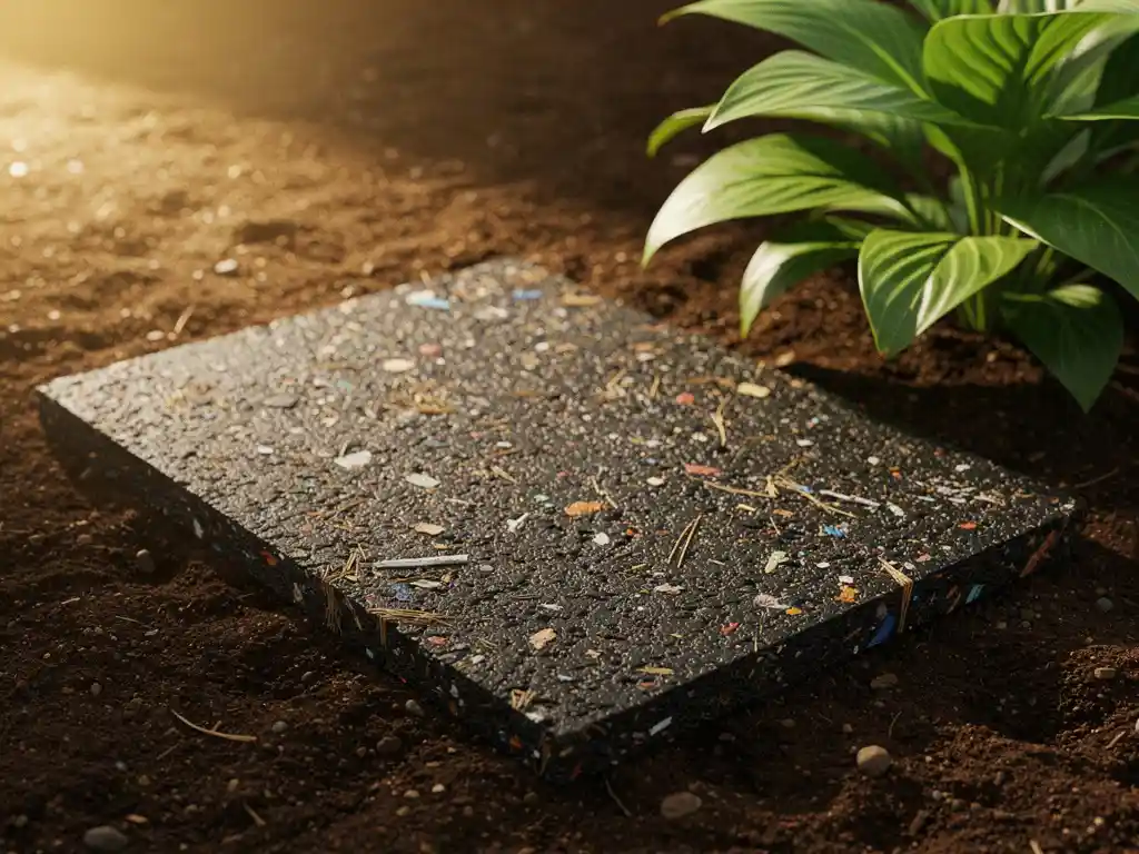 Recycled rubber floor mat with natural fiber textures resting on rich soil beside a green plant in warm golden sunlight.