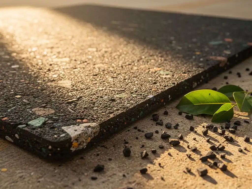 Recycled rubber floor mat on sunlit concrete, surrounded by rubber granules and green leaves, showcasing dense charcoal grey texture.