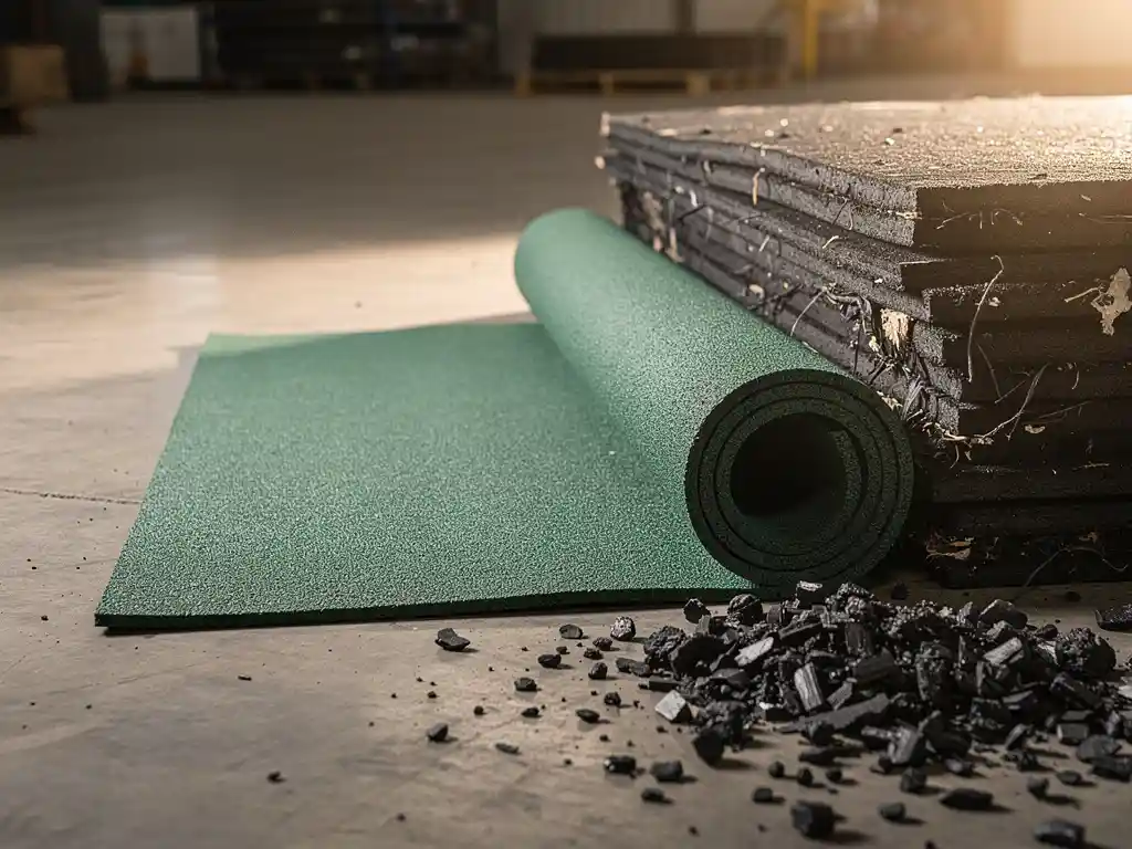 Worn rubber floor mats stacked beside a fresh forest green recycled rubber mat unrolling on a concrete industrial floor, with scattered rubber granules nearby.
