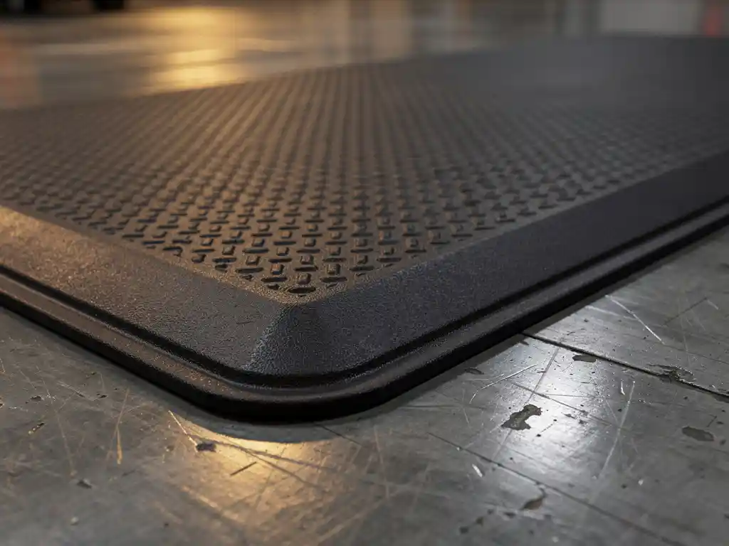 Black rubber anti-fatigue mat with textured surface and beveled edges on a polished industrial facility floor.