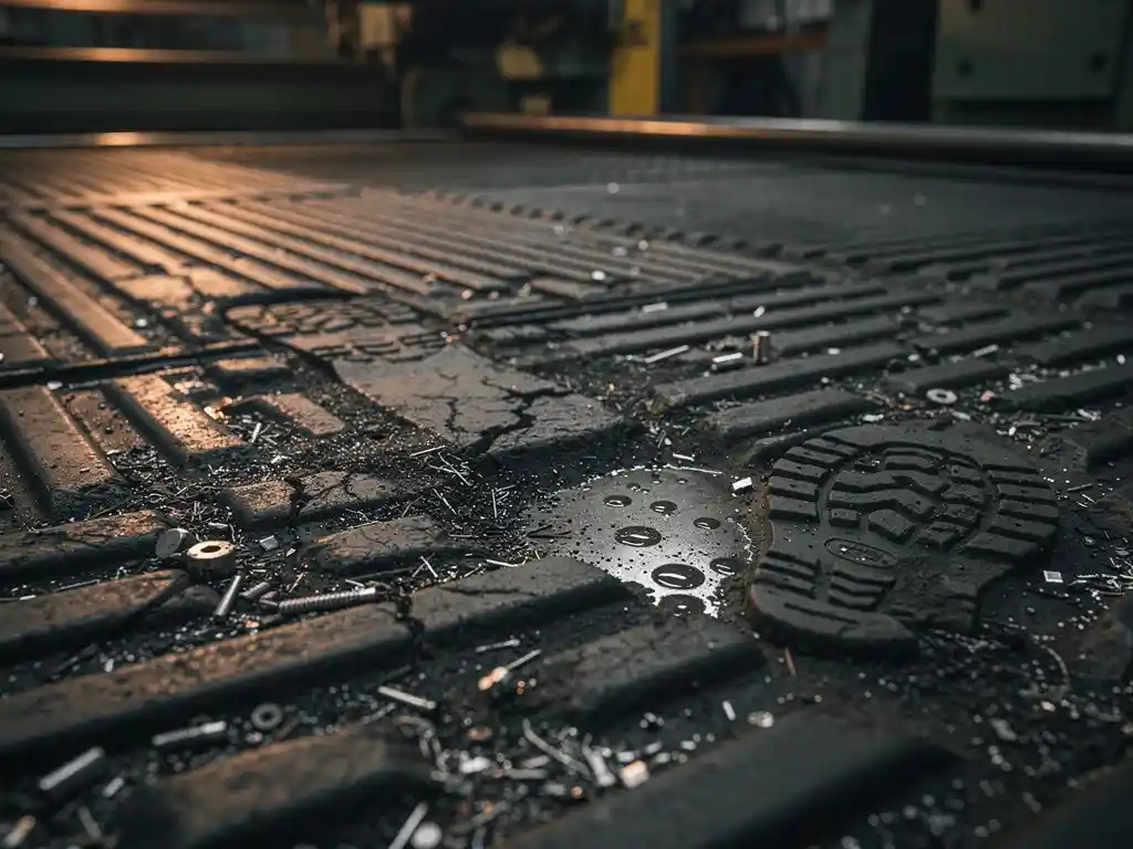 Worn rubber floor mat with scuff marks and boot prints surrounded by industrial grit and moisture in a dim manufacturing facility.