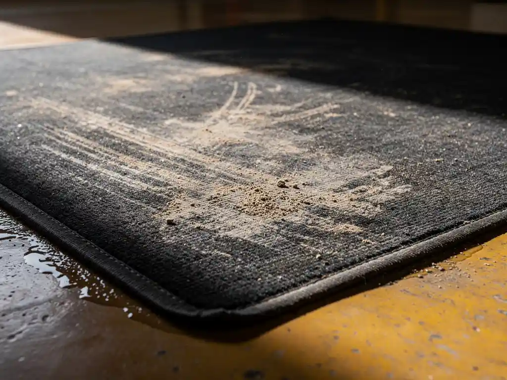 Worn commercial rubber floor mat with surface scuffing, curled edges, and compression marks on an industrial facility floor.