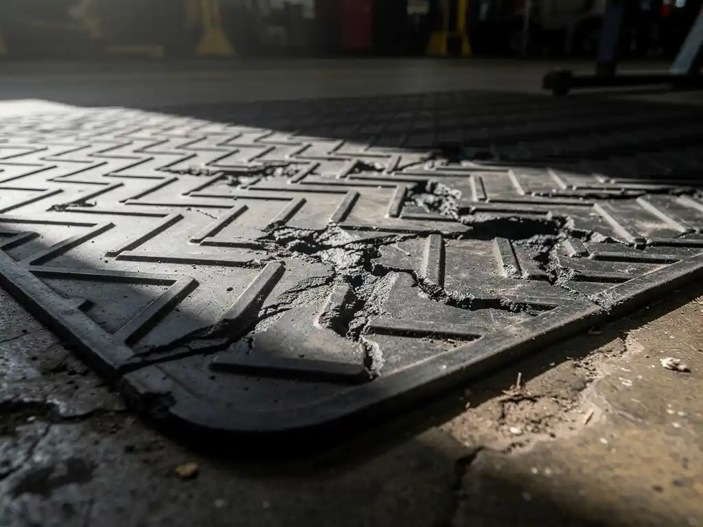 Worn industrial rubber floor mat with compressed high-traffic zones and intact raised edges on a concrete factory floor.