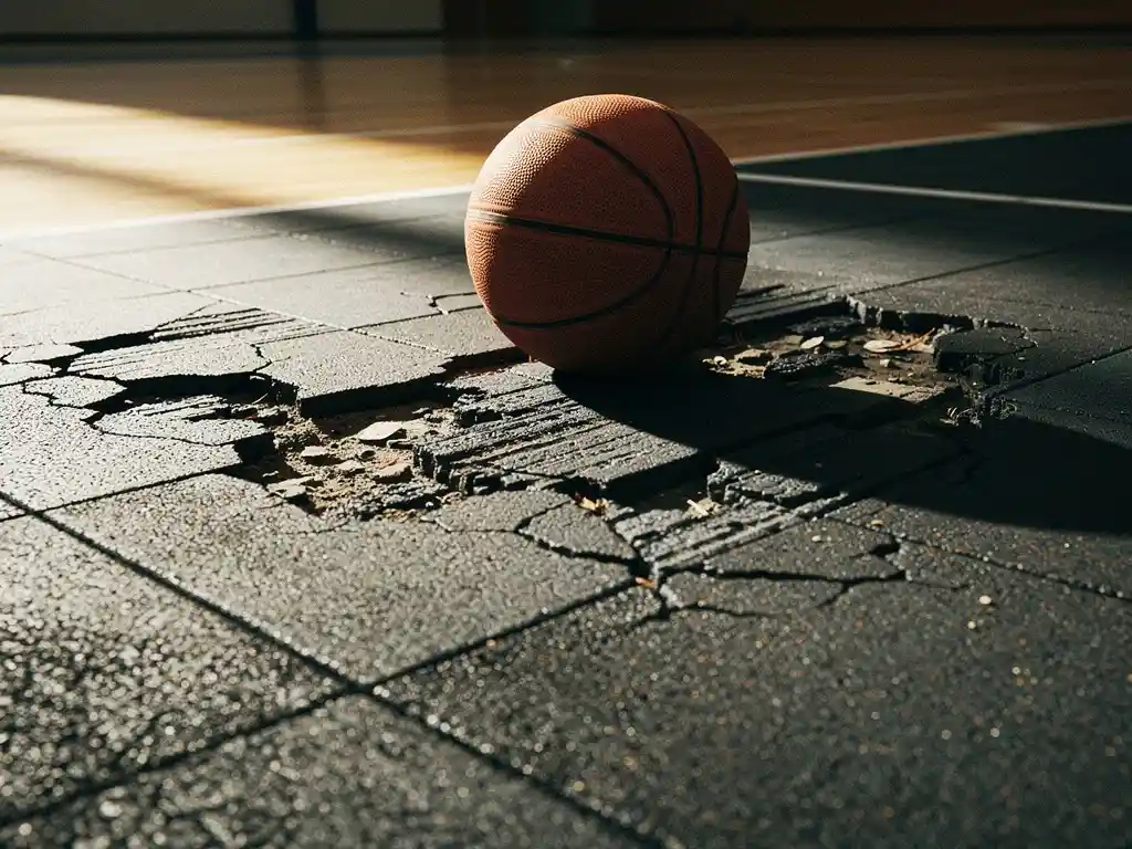Worn rubber gymnasium floor with deep scuff marks and surface cracking, basketball resting on damaged charcoal grey sports flooring.