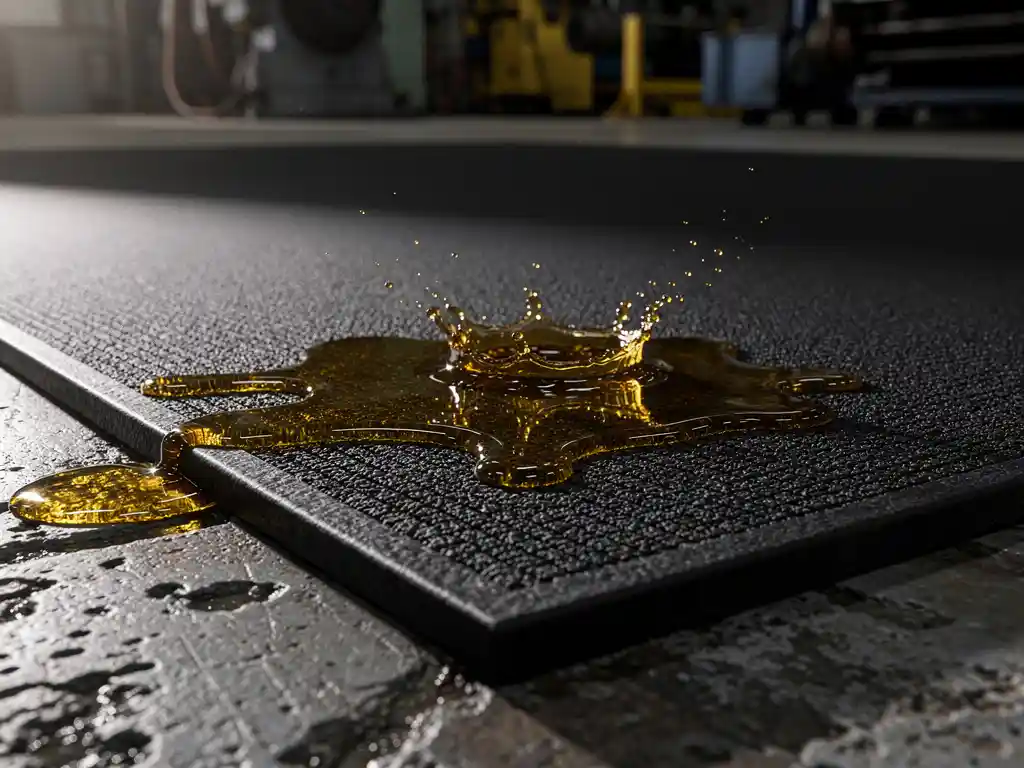 Chemical-resistant rubber mat repelling industrial liquid while surrounding concrete floor shows etching and discoloration in a heavy manufacturing facility.