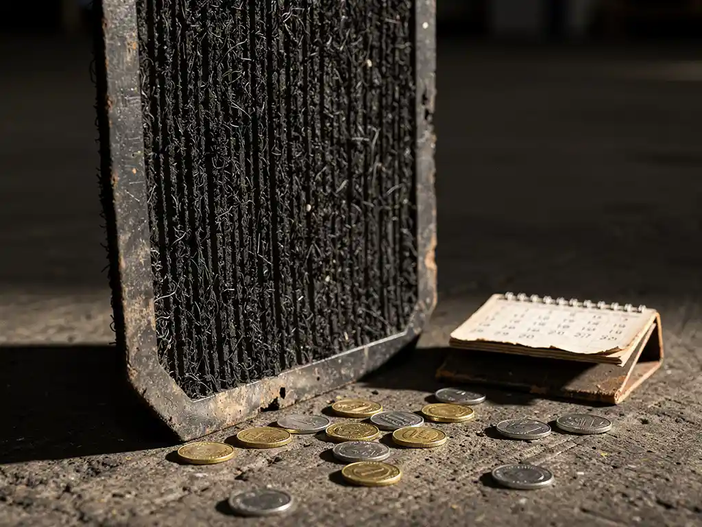 Weathered rubber mat cross-section upright on concrete floor, dense layered interior exposed, surrounded by scattered coins and a worn calendar.