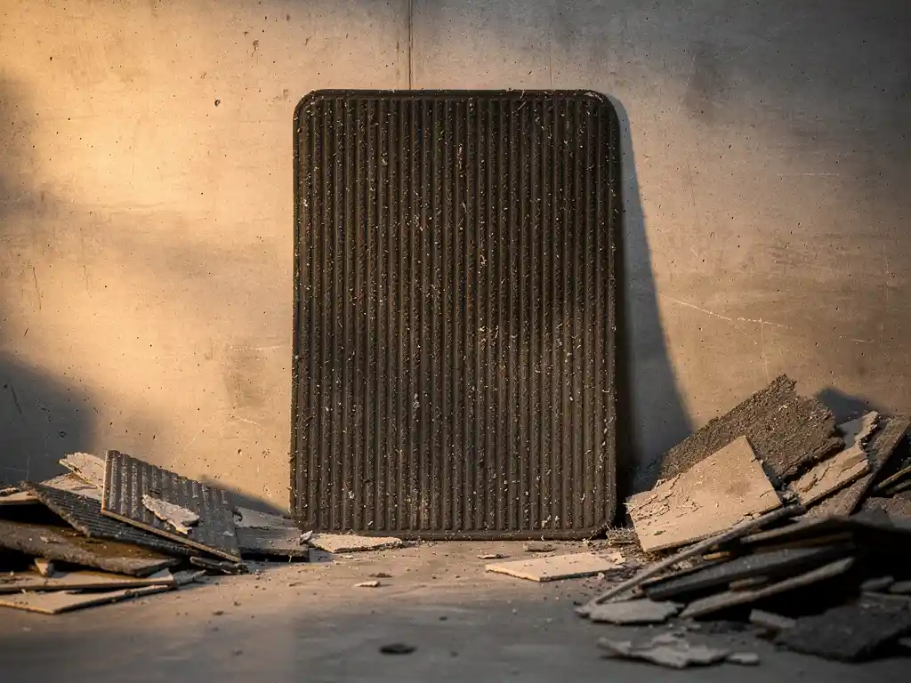 Thick charcoal rubber mat standing upright in a sunlit workshop, surrounded by worn conventional flooring scraps on a concrete floor.
