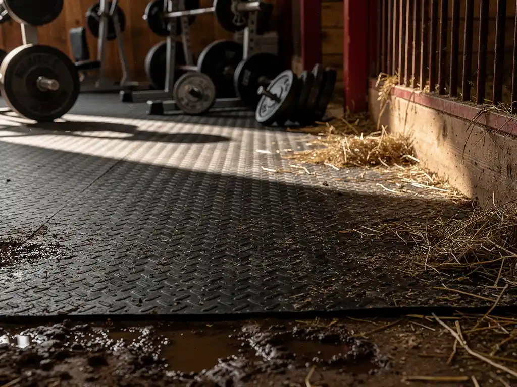 Black rubber mat bridging a gym floor with iron weights and a muddy barn stall with scattered hay, dramatic side lighting highlighting grip texture.