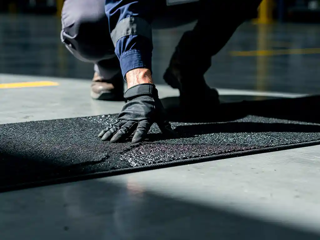 Facility inspector crouching to examine a thick black rubber mat on a commercial warehouse floor, pressing gloved fingers along the textured surface.