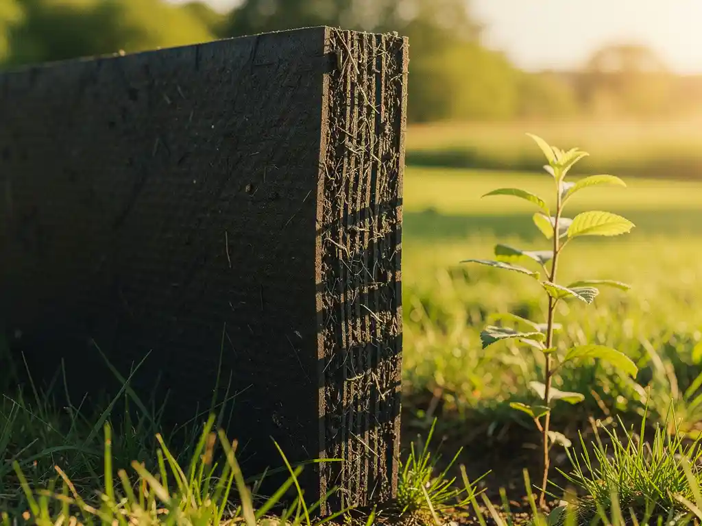 Thick weathered rubber mat standing upright outdoors, cross-section showing fiber-reinforced layers, surrounded by grass and a small sapling in warm sunlight.