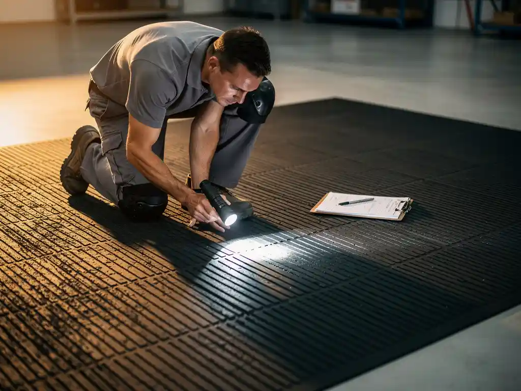 Technician kneeling on industrial rubber floor mat, inspecting textured surface with flashlight in a warehouse, clipboard nearby.