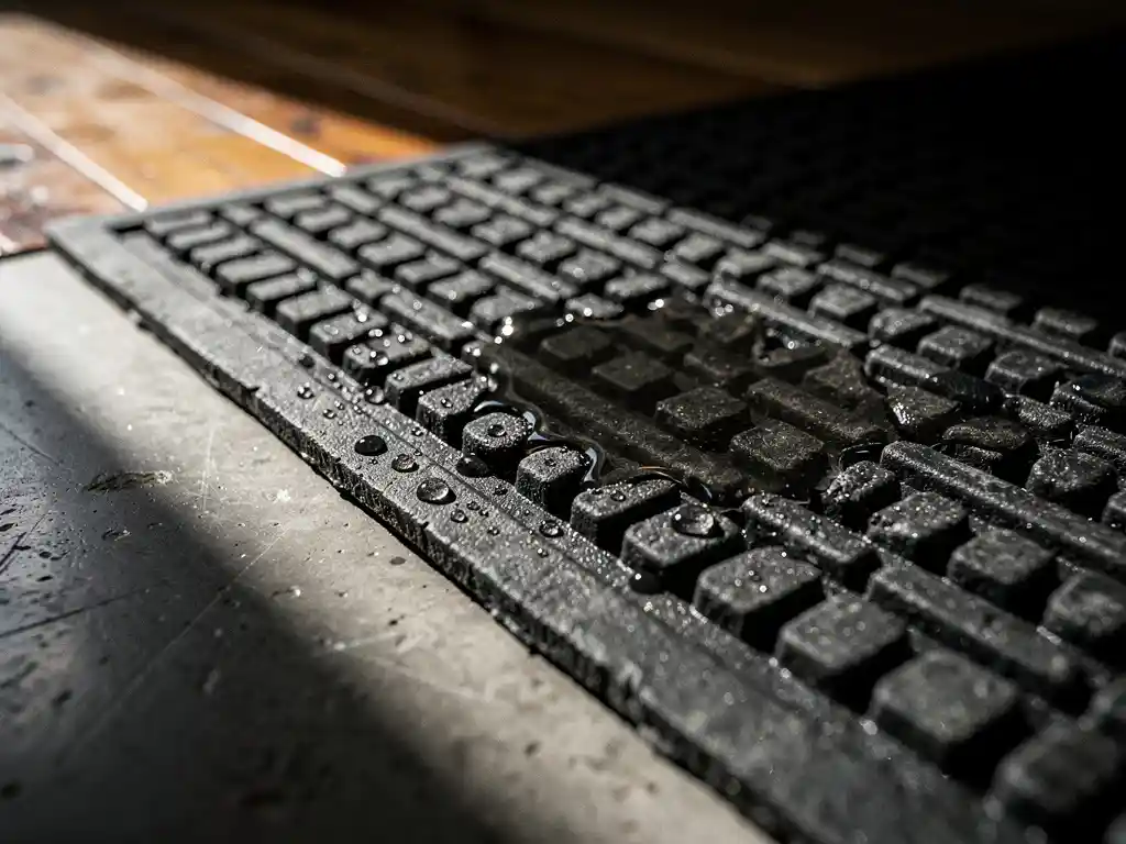 Close-up of a charcoal rubber mat with deep textured grooves on polished concrete, water beading on the surface, with tile and wood flooring behind.