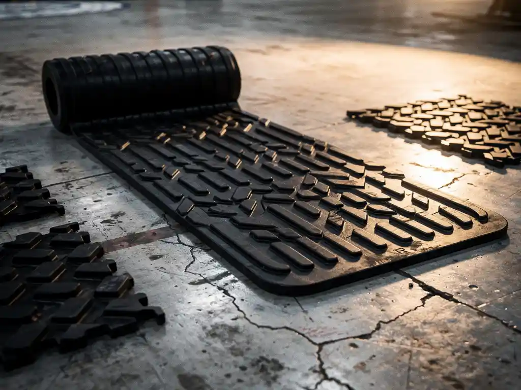 Thick black rubber mat with deep traction grooves being unrolled across worn concrete industrial floor, grip texture sharply detailed.