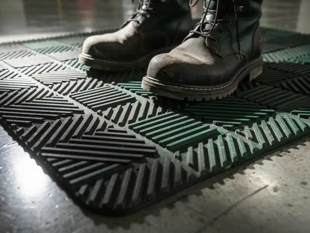 Steel-toed work boots standing on a charcoal anti-slip rubber safety mat, deep grooved texture sharply lit on polished concrete floor.