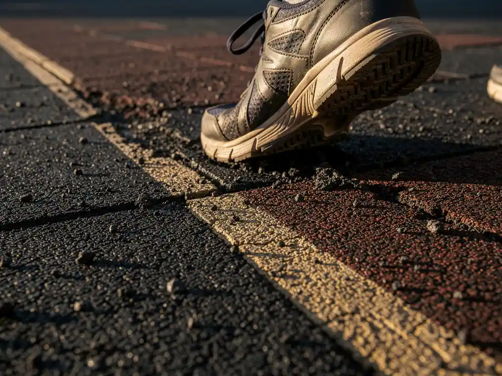Worn rubber sports floor with faded boundary line, scuffed athletic shoe sole pressed against textured mat surface under warm directional light.