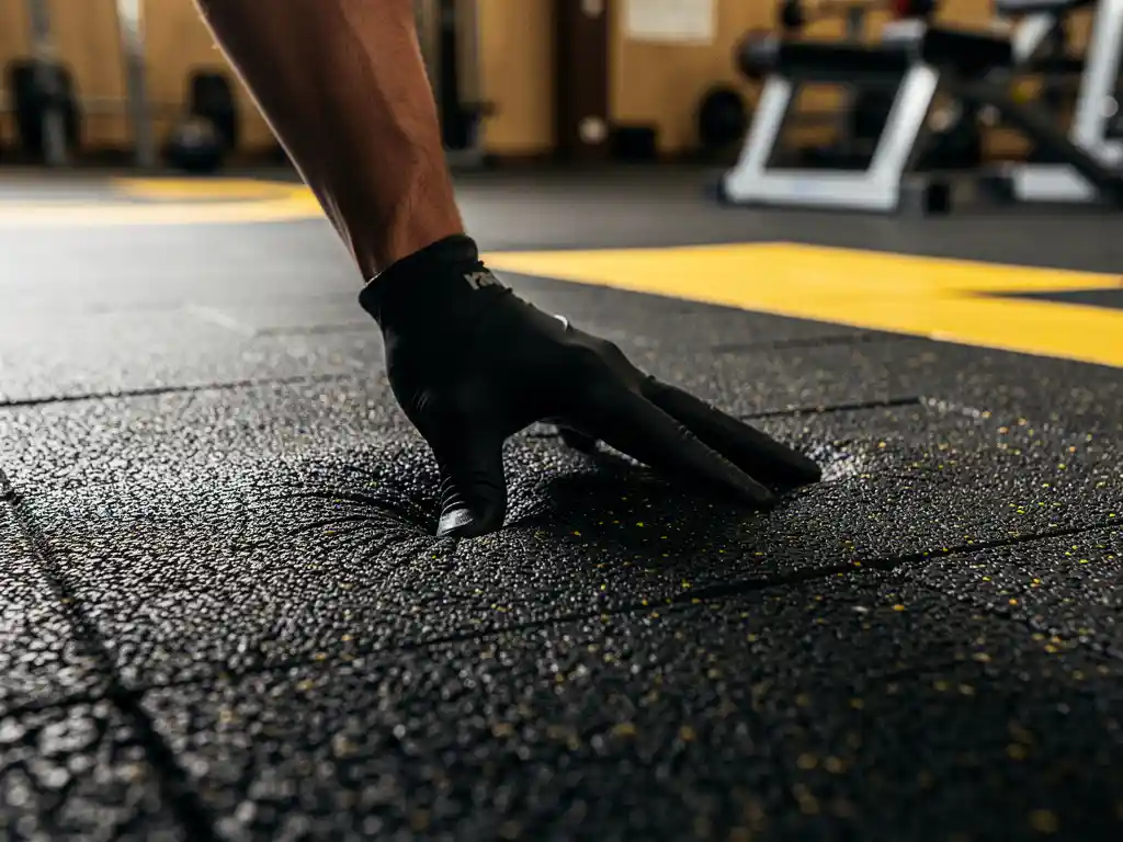 Gloved hand pressing into textured black rubber gym flooring to test resilience, gymnasium visible in soft background bokeh.