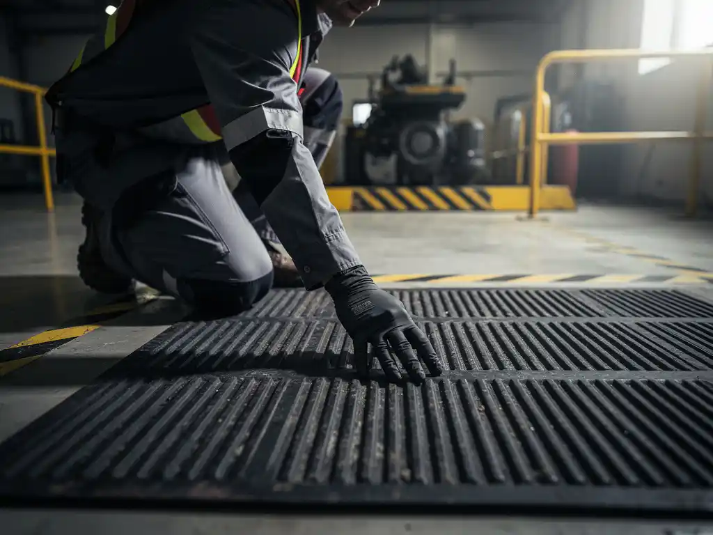 Safety inspector crouching to examine a textured anti-slip rubber mat on an industrial facility floor, gloved hand tracing the ridged surface.
