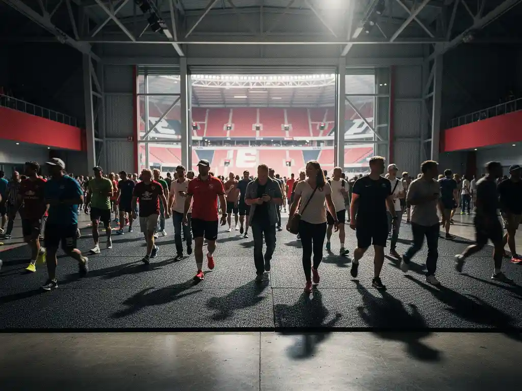 Sports fans walking through a stadium concourse on thick dark rubber matting, grand arena entrance visible in background.
