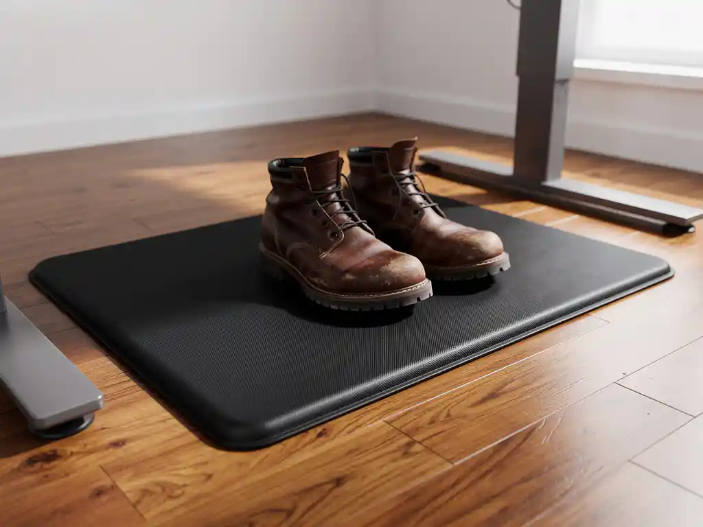 Anti-fatigue mat on hardwood floor beneath a standing desk, with work boots resting on its textured surface in warm natural light.