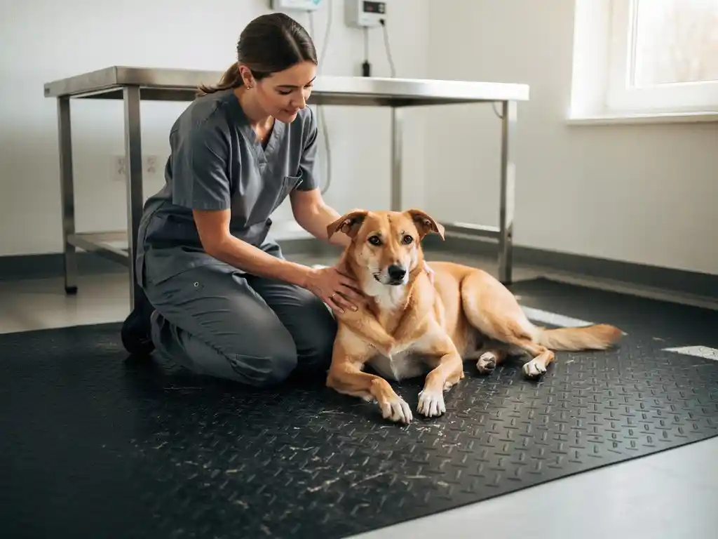 Veterinarian kneeling beside a calm dog on a black rubber mat in a bright clinical exam room with a stainless steel table.