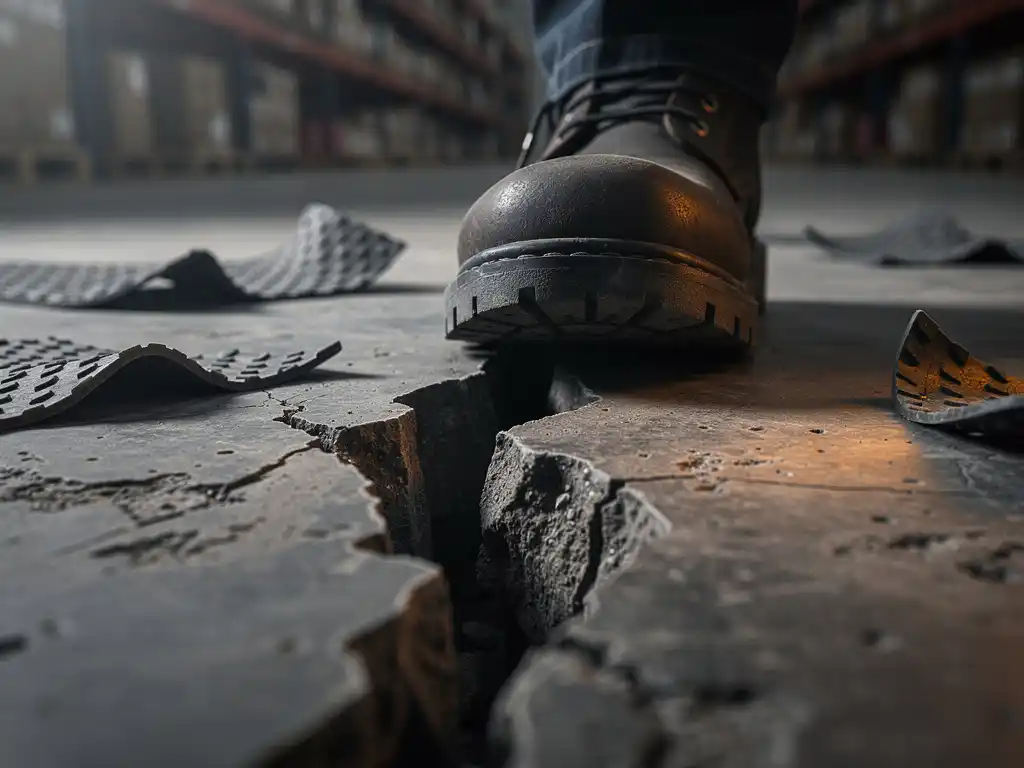 Work boot toe catching a raised crack in a damaged warehouse concrete floor, with industrial shelving in the background.