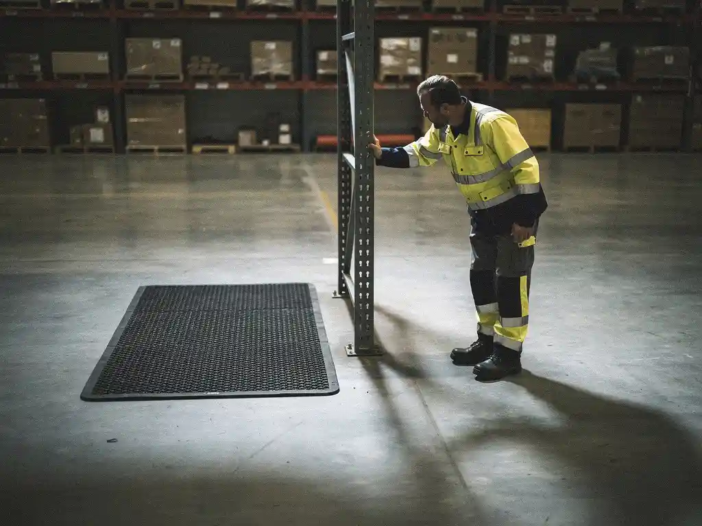 Warehouse worker in steel-toed boots bracing against metal shelving on hard concrete, with an unused anti-fatigue mat nearby.