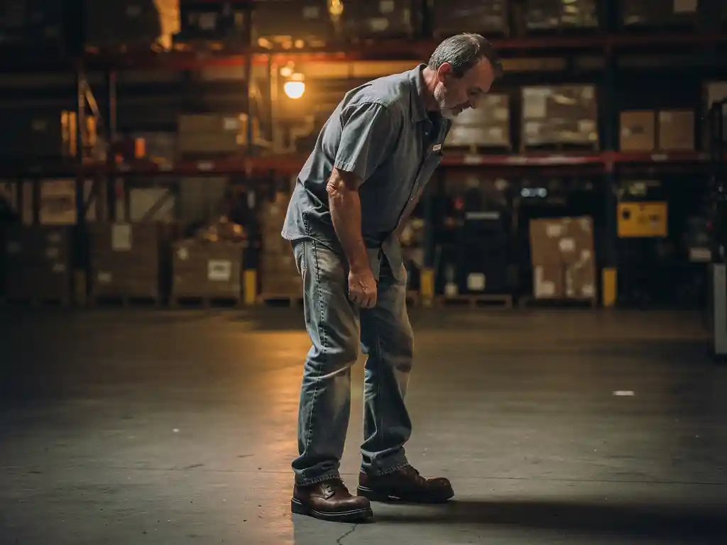 Warehouse worker in steel-toe boots standing on concrete floor, shoulders slumped with fatigue, industrial shelving and amber work lights in background.