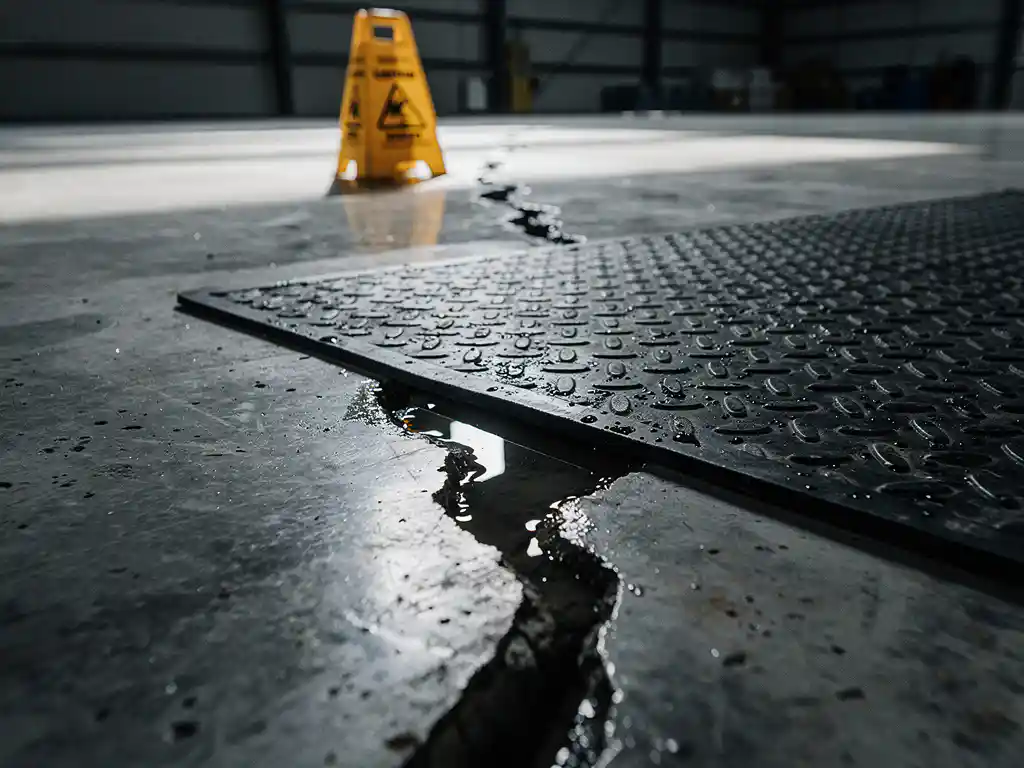 Cracked wet concrete floor with pooling water beside a textured rubber safety mat and reflected yellow caution cone in a warehouse.