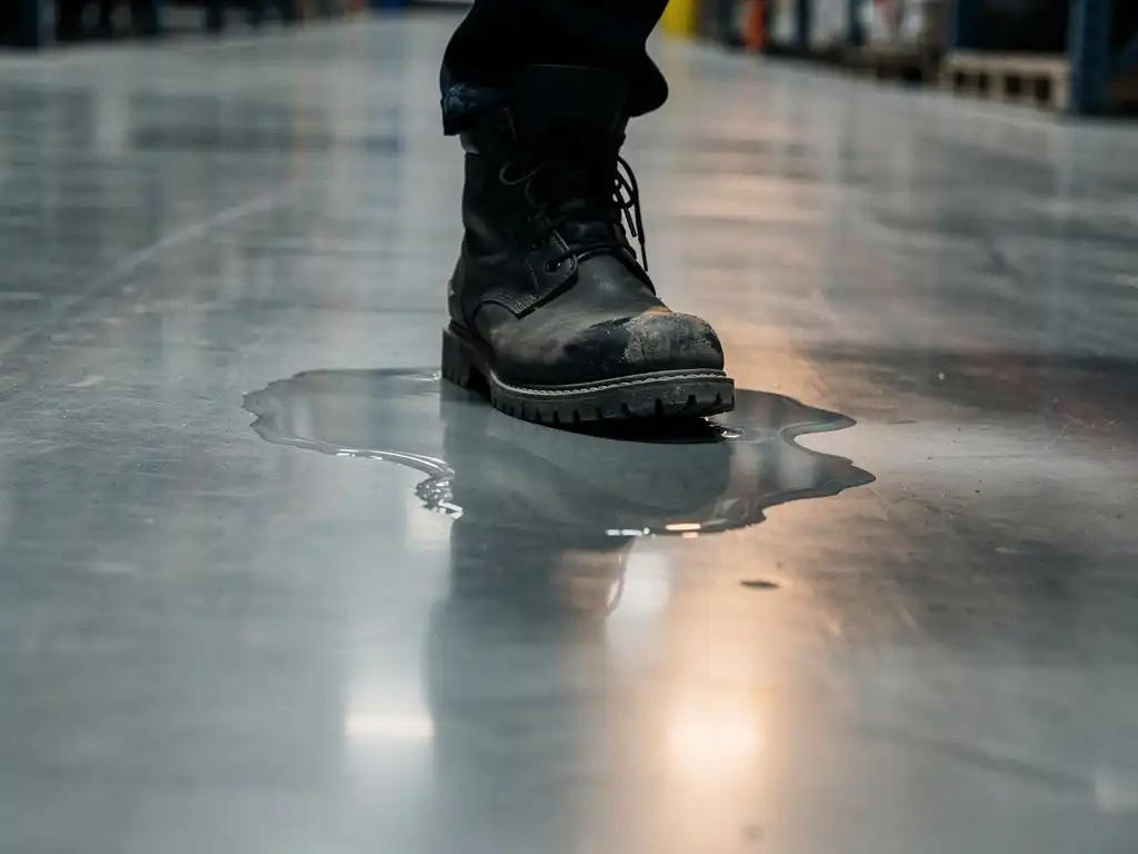 Work boot at edge of water puddle on polished concrete floor in industrial warehouse, highlighting wet surface slip hazard.