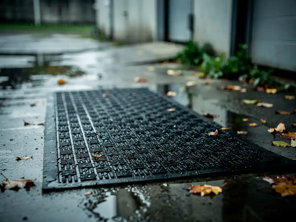 Black rubber entrance mat gripping a rain-slicked concrete walkway covered in wet leaves outside an industrial building.
