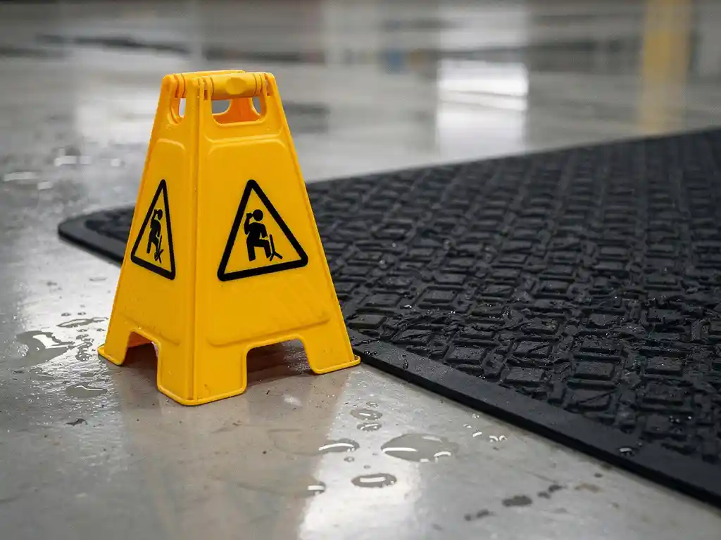 Yellow caution cone on wet industrial concrete floor beside a dark rubber anti-fatigue mat with textured grip surface.