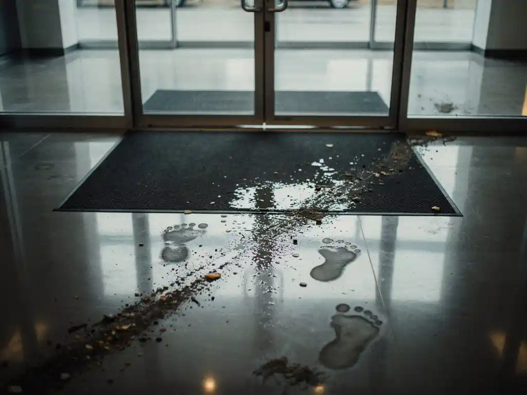 Wet footprints and debris trailing across a polished commercial entrance floor, dark rubber anti-fatigue mat catching pooled moisture at the threshold.