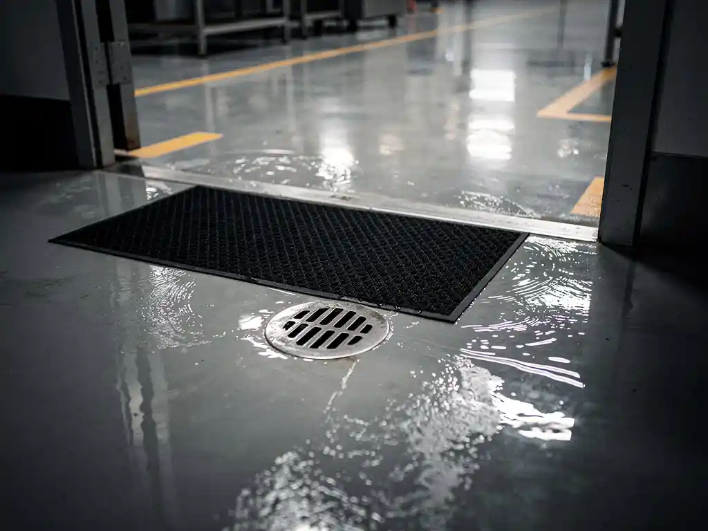 Wet concrete floor with pooling water near an industrial drain, black rubber mat at threshold highlighting slip hazard in commercial kitchen.