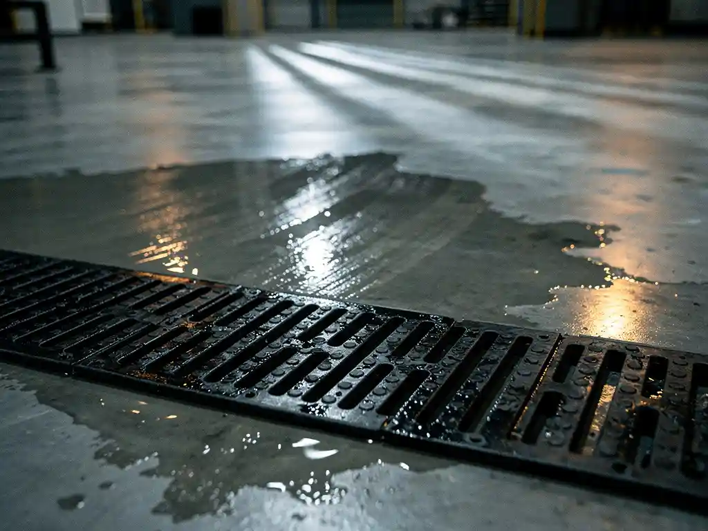 Wet industrial concrete floor with dangerous water pooling beside a dry, stable rubber drainage mat with textured grooves.