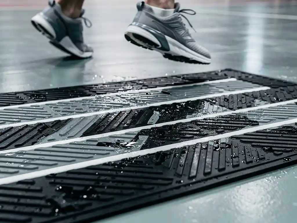 Textured rubber anti-slip mat on wet gymnasium floor with water droplets on grooved surface and athletic sneakers mid-stride nearby.