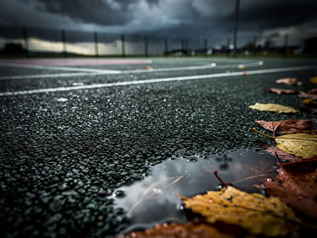 Wet rubber sports court surface glistening with rain puddles reflecting overcast sky, autumn leaves scattered at edges, shot at low angle.